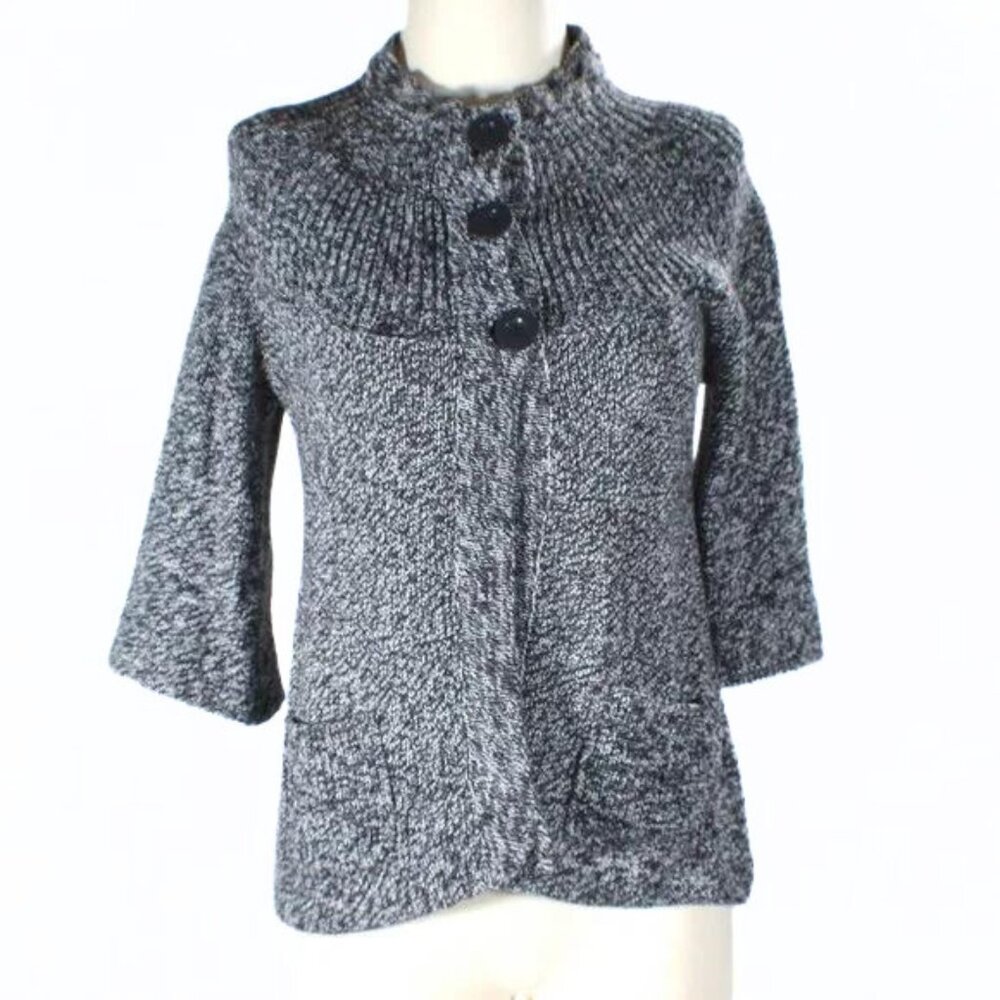 1830 Gray & White Coastal Grandma Cardigan Size Medium Cottagecore Bell Sleeve